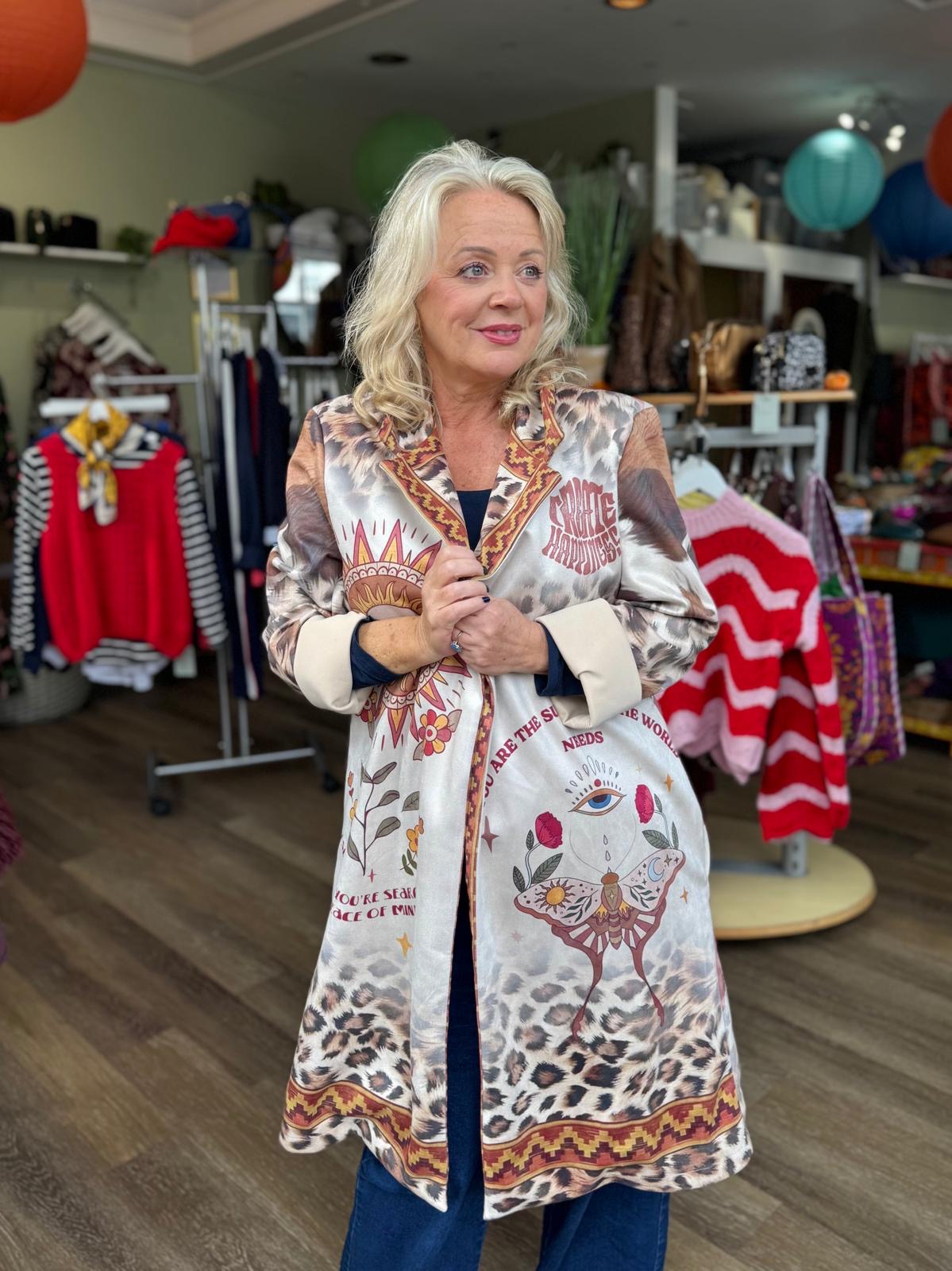 With Love Faux Suede Graphic Duster Coat