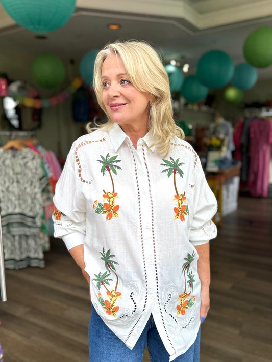 Chloe Cotton/Linen Blend With Shirt With Cutwork & Palm Tree & Flower Embroidery