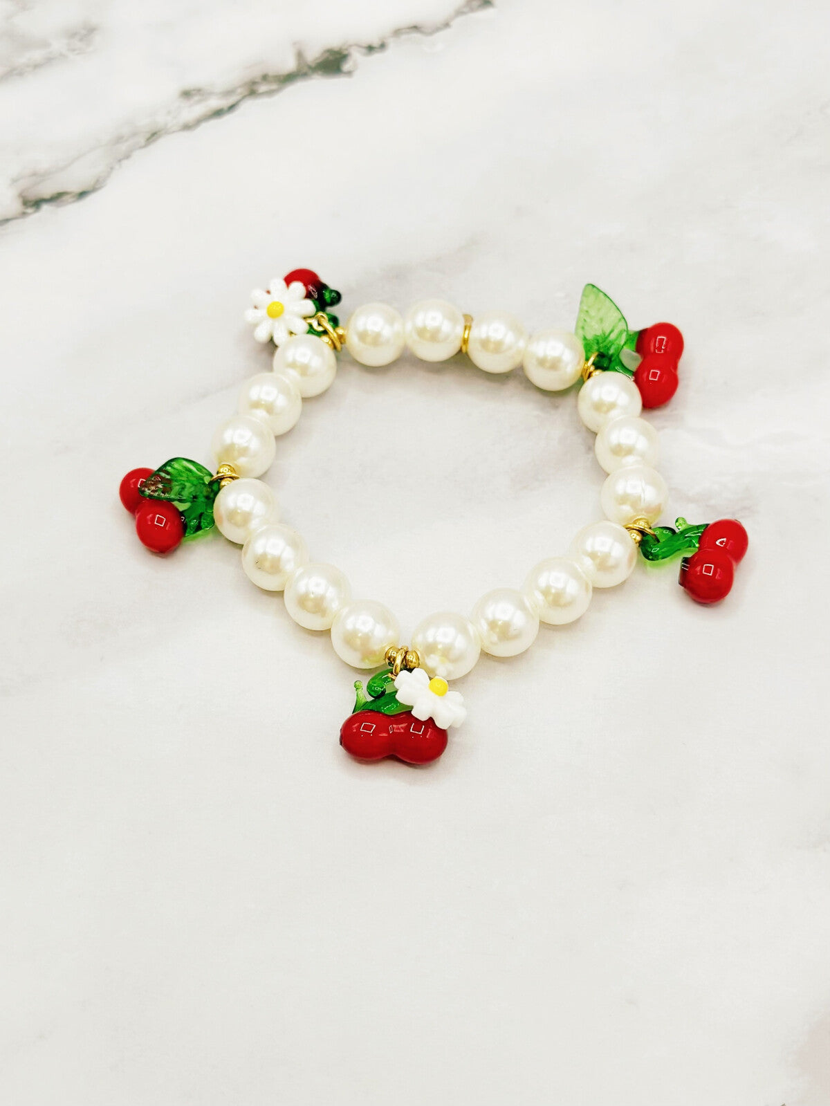 Pearl Bracelet With Cherry & Daisy Charms
