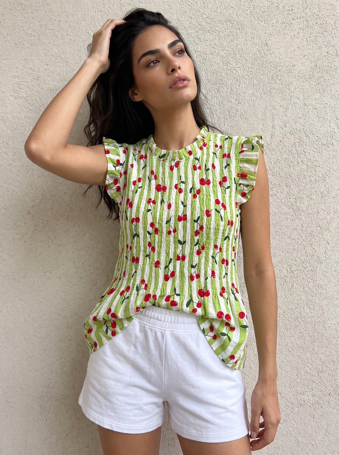 Cherry Stripe Shirred Top