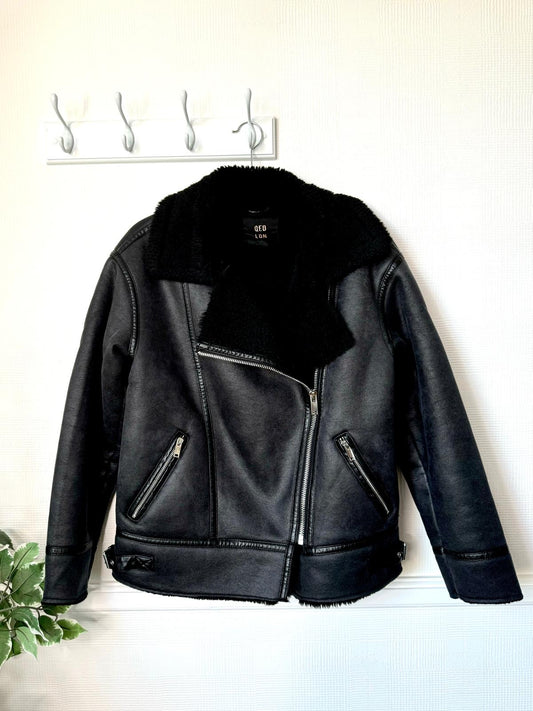 Phoebe Black Faux Shearling Biker/Aviator/Flying Jacket