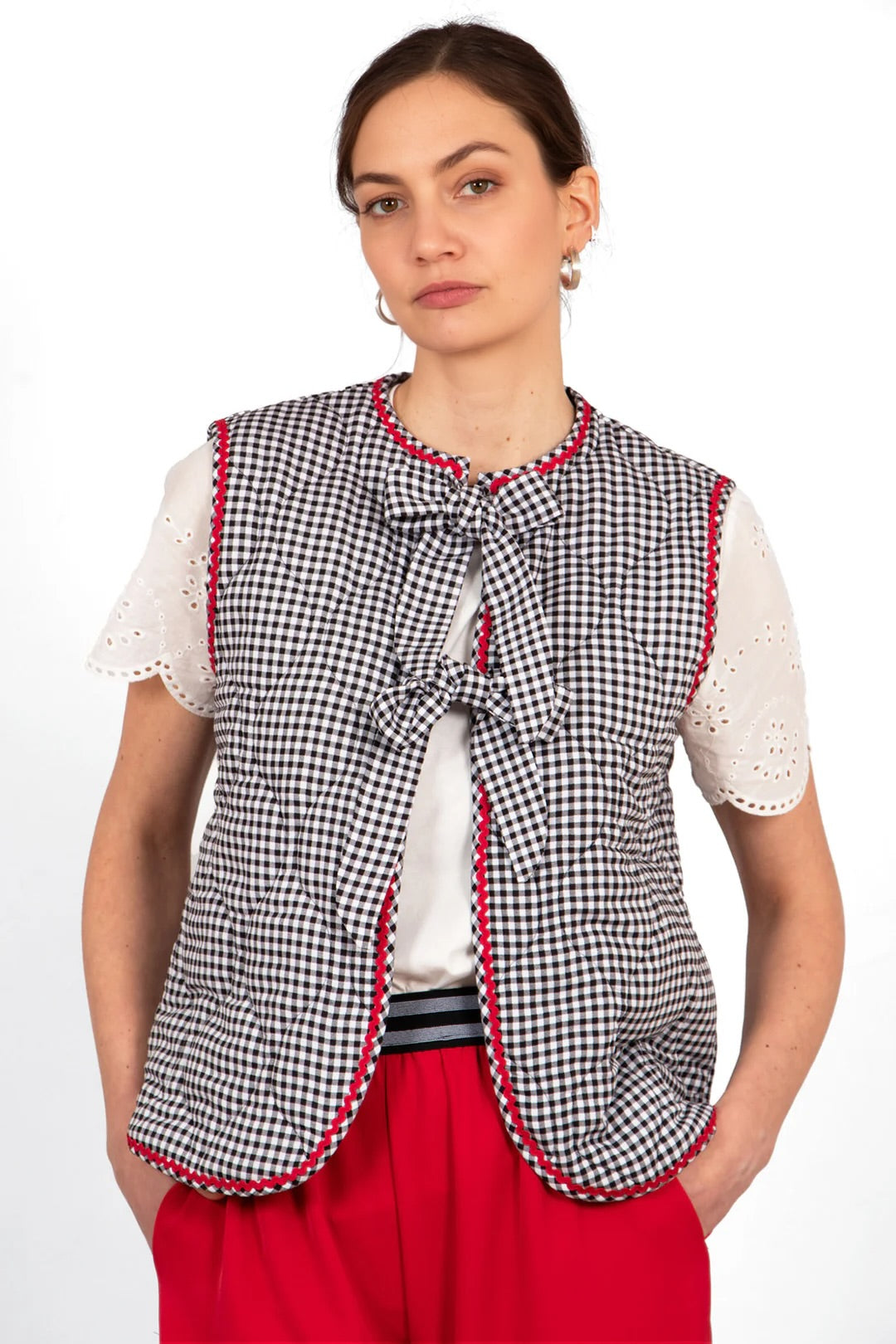 Millie Bow Fastening Quilted Waistcoat Gilet - Black & White Gingham With Red Ric Rac Trim