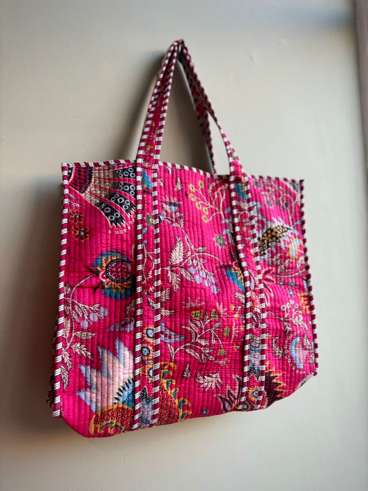 Quilted Kantha Bag With Striped Lining - 100% Cotton- Cerise Pink Or Blue Paisley