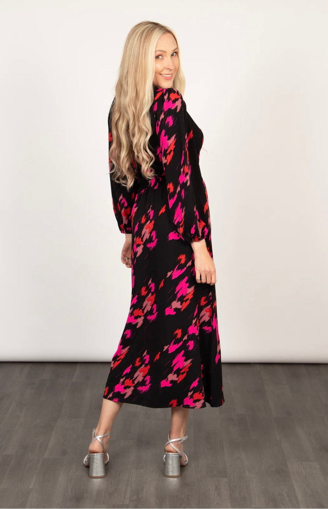 Lana Long Sleeve Pink & Black Abstract Leopard Print Midi Dress