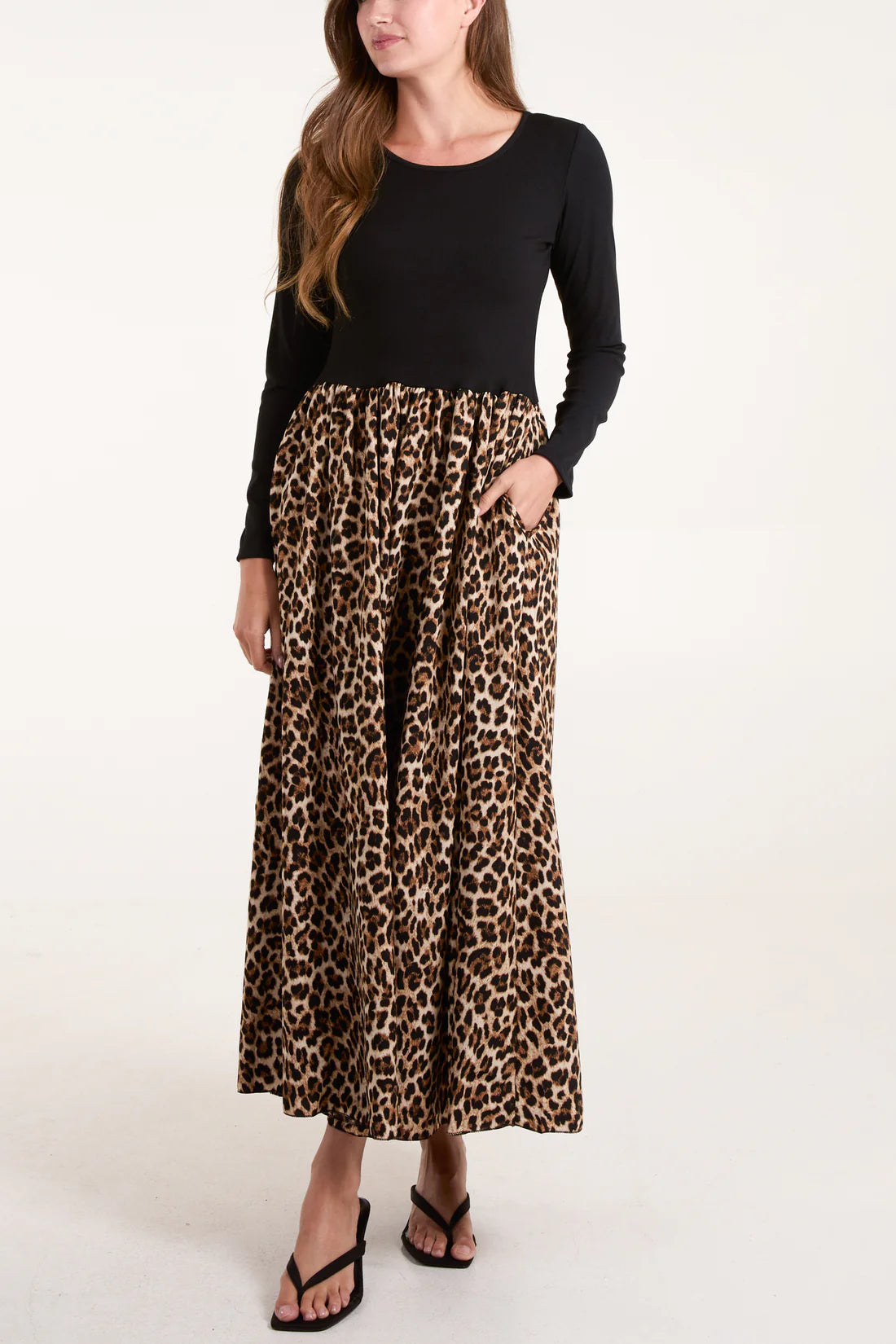 Colleen Ribbed Top Dual Fabric Leopard Print Dress