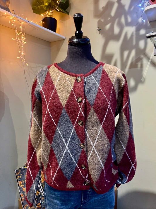 Caro Argyl Round Neck Cardigan- Burgundy, Grey & Camel
