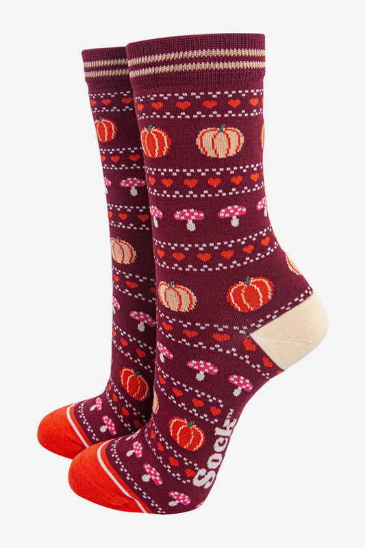 Women’s Autumnal Bamboo Socks - Berry & Orange Fairisle Pattern - Toadstools & Pumpkins
