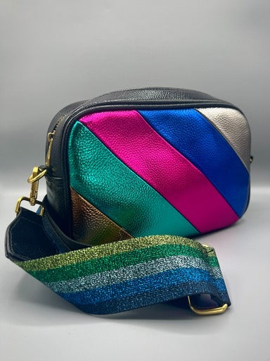 Faux Leather Rainbow Stripe Bag With Lurex Stripe Strap