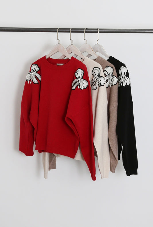 Gemma Diamanté Bow Embellished Red Jumper