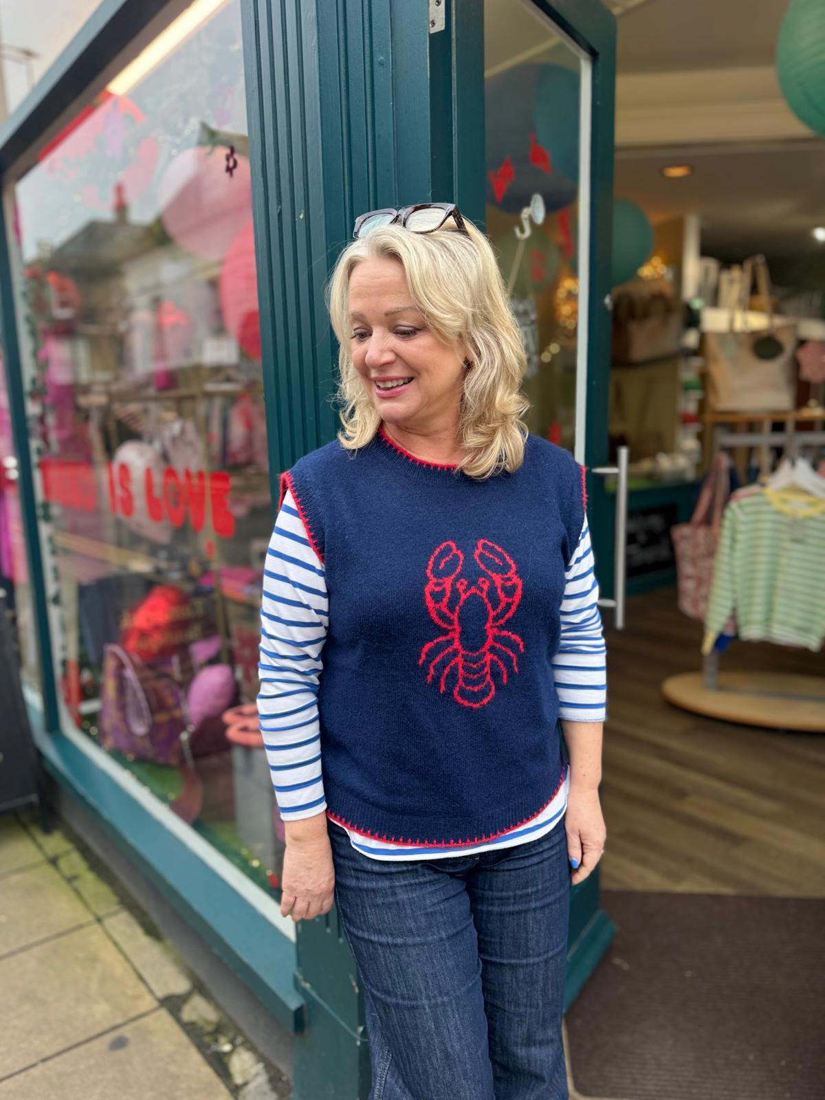 Alpaca Blend Lobster Tank Top - Navy & Red, With Red Blanket Stitch Trim