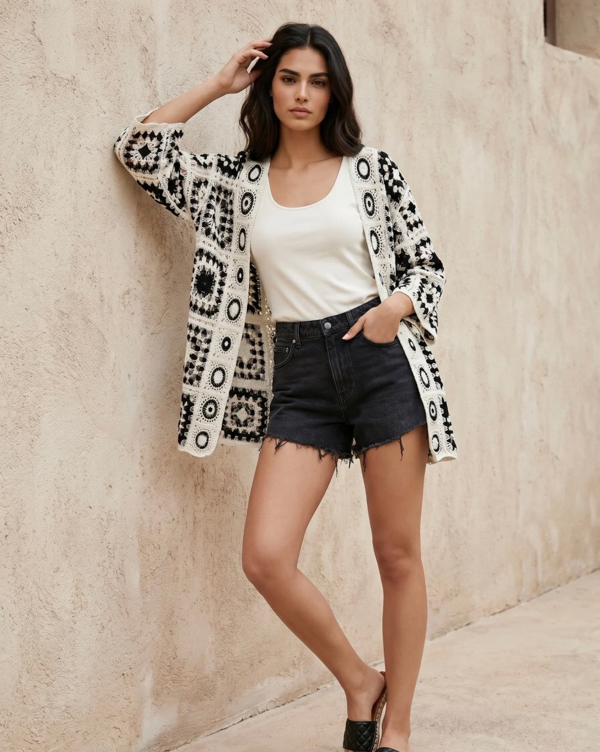Debbie Black & Cream Crochet Cardigan