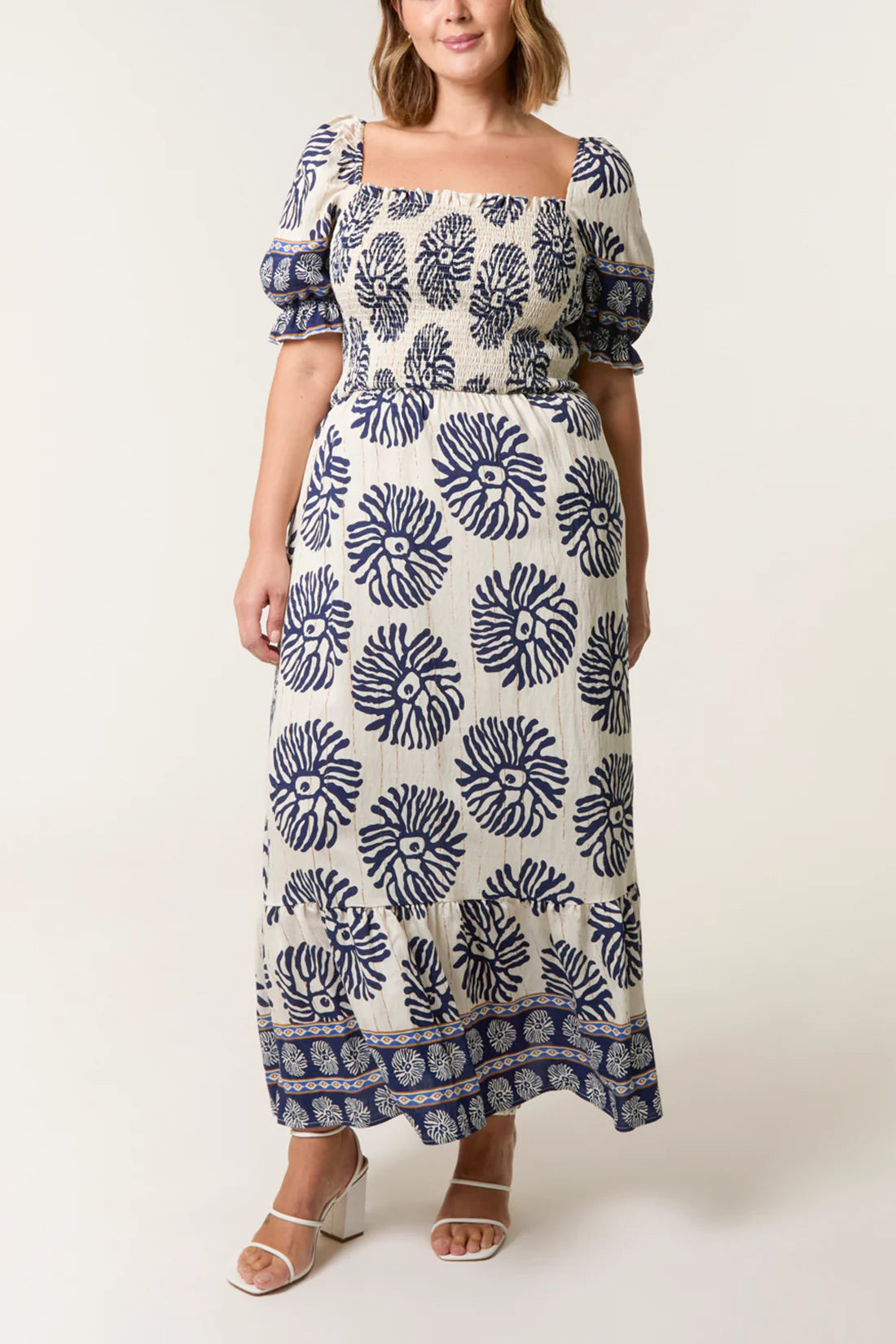 Tamarisk Curve Shirred Bodice Tile Print Maxi Dress - Square Neckline