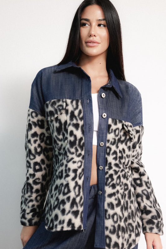 Natalie Denim Shacket With Leopard Print Fleece Panels