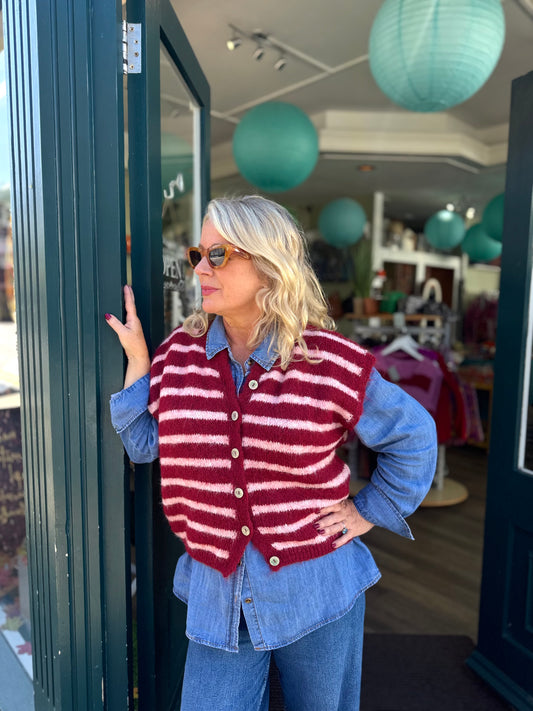 Geena Fluffy Knit Wool Blend Striped Waistcoat- 4 Colours