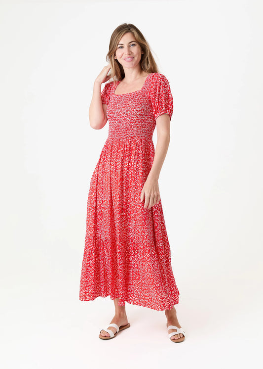 Maisie Red Ditsy Print Shirred Bodice Midaxi Dress