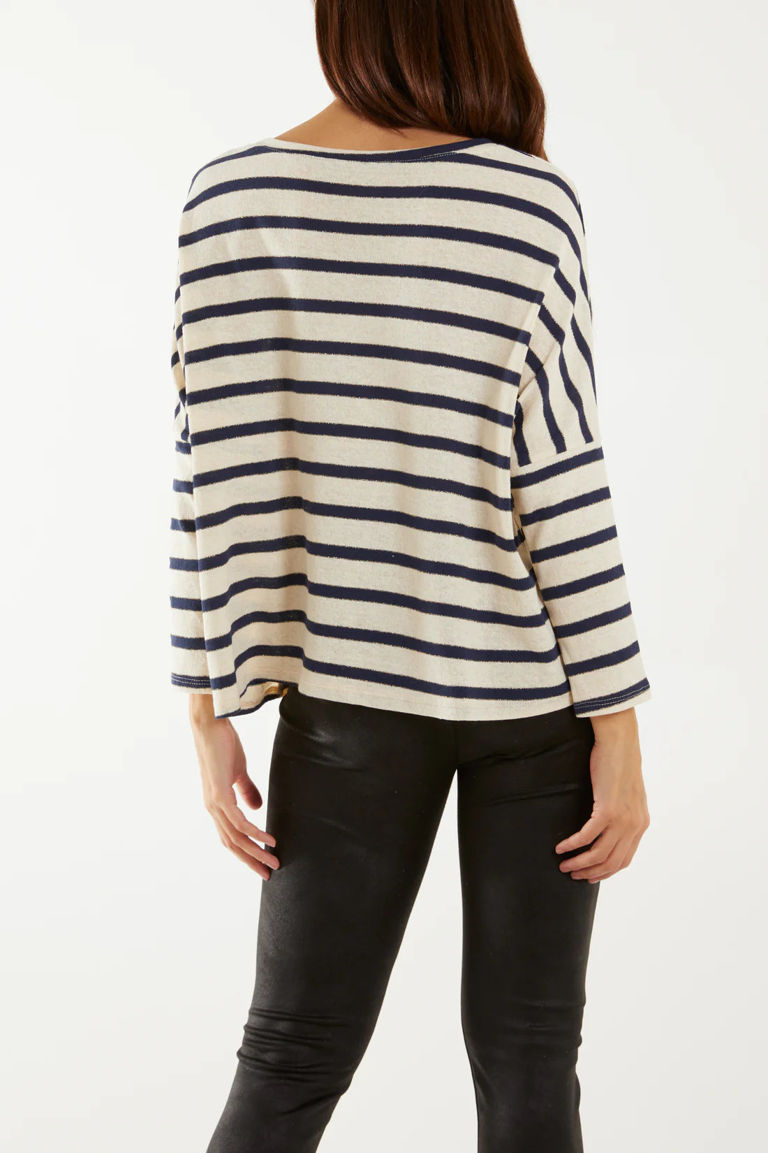 Fine Cotton Blend Striped Long Sleeve T-Shirt - Navy 