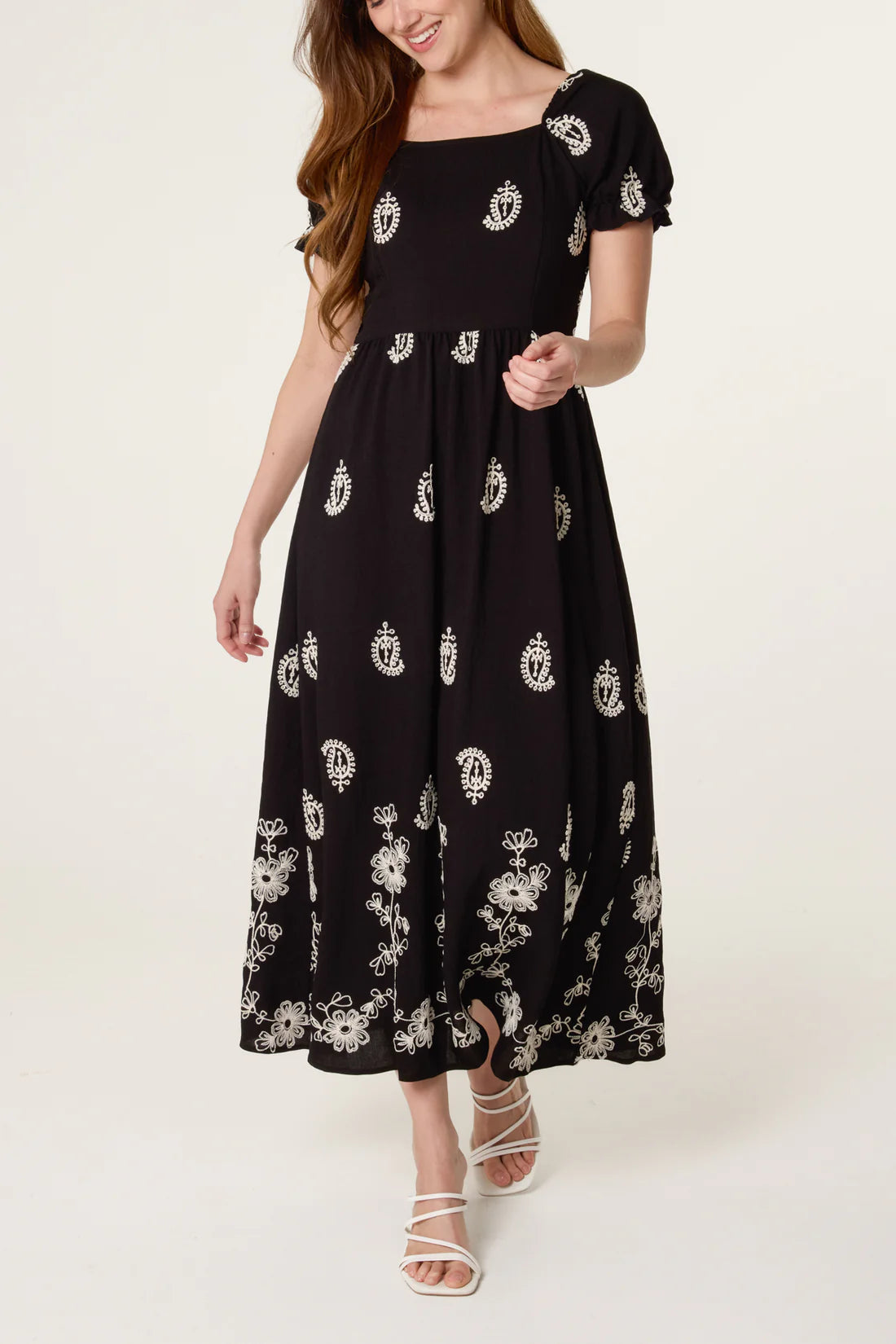Rosa Black Embroidered Midi Dress