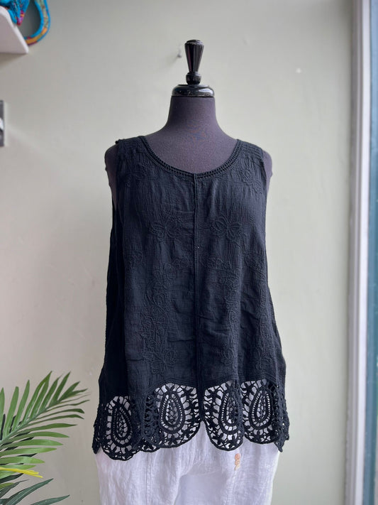 Vita Vest Top With Embroidery & Lace Trim