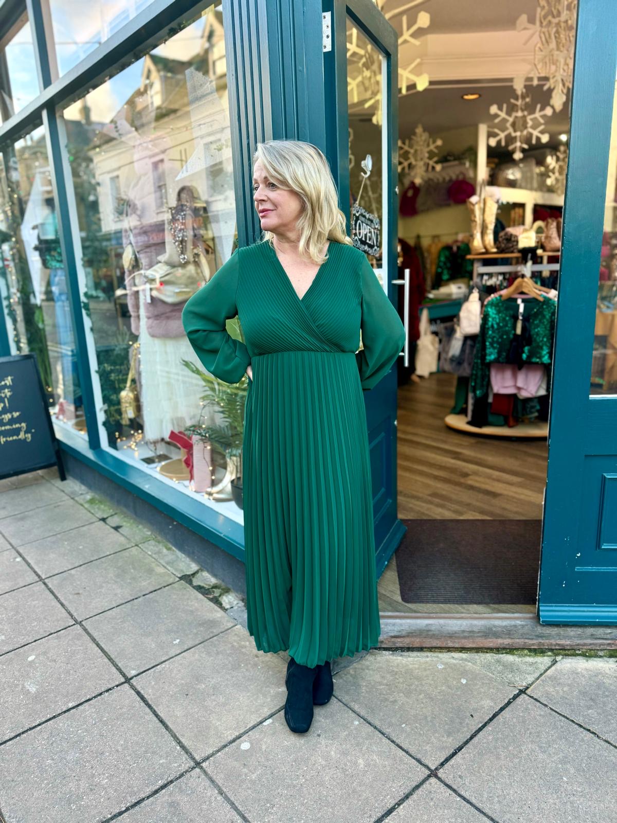 Long Sleeve Pleated Faux Wrap Chiffon Midaxi Dress  dark green 