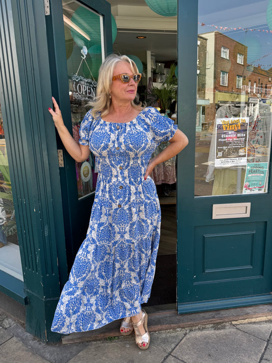 Judy Shirred Waist Bardot Neckline Maxi Dress - Santorini Blue Or Palm Green Tile Print