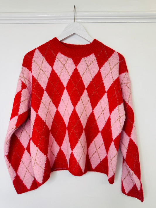 Jodie Pink & Red Wool Blend Argyl Jumper