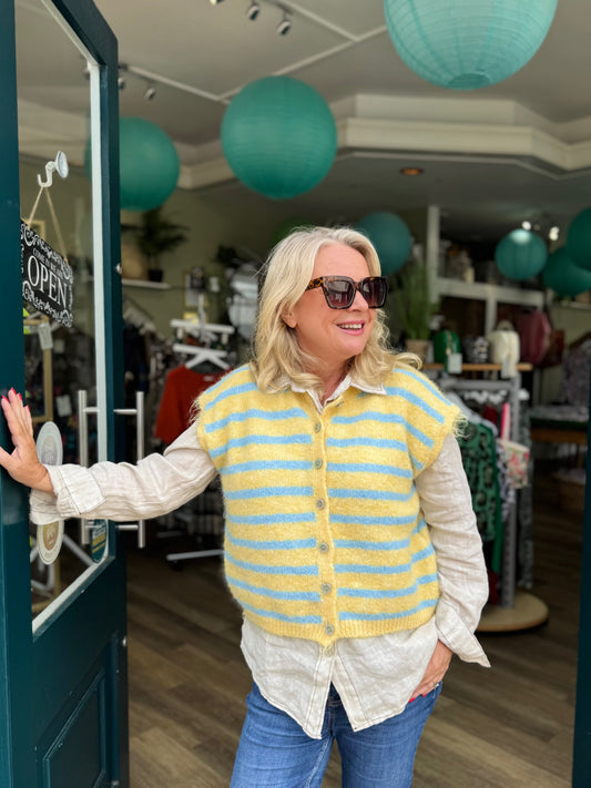Joy Fluffy Knit Striped Waistcoat - Lemon Yellow & Sky Blue