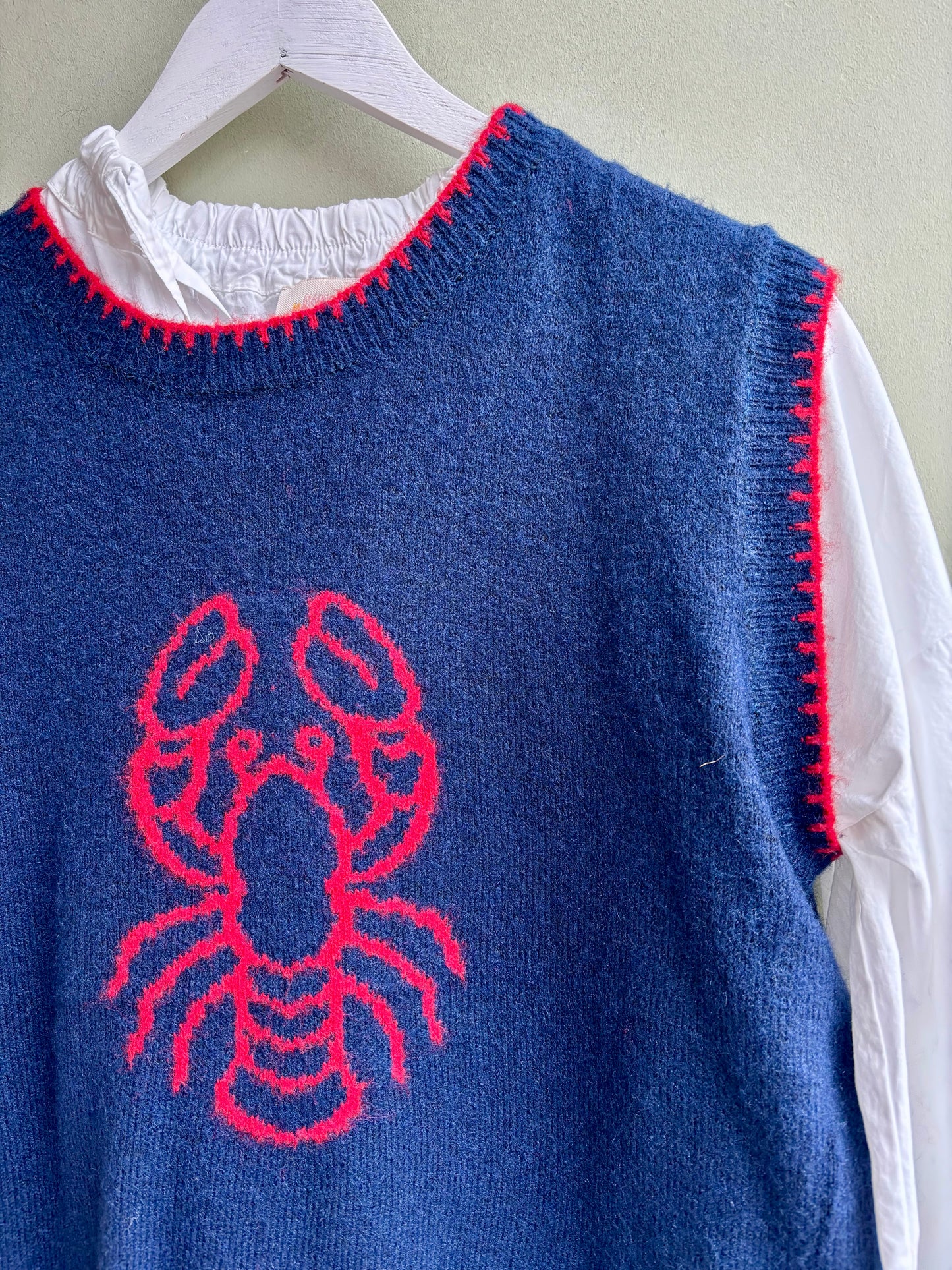 Alpaca Blend Lobster Tank Top - Navy & Red, With Red Blanket Stitch Trim