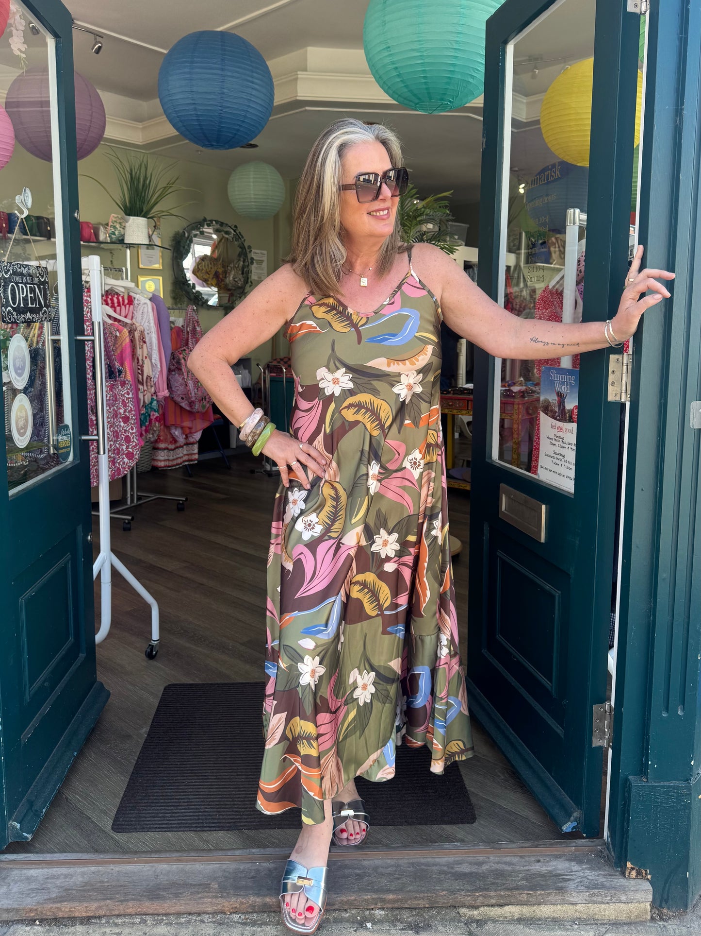 Olive Palm Print Satin Strappy Sundress