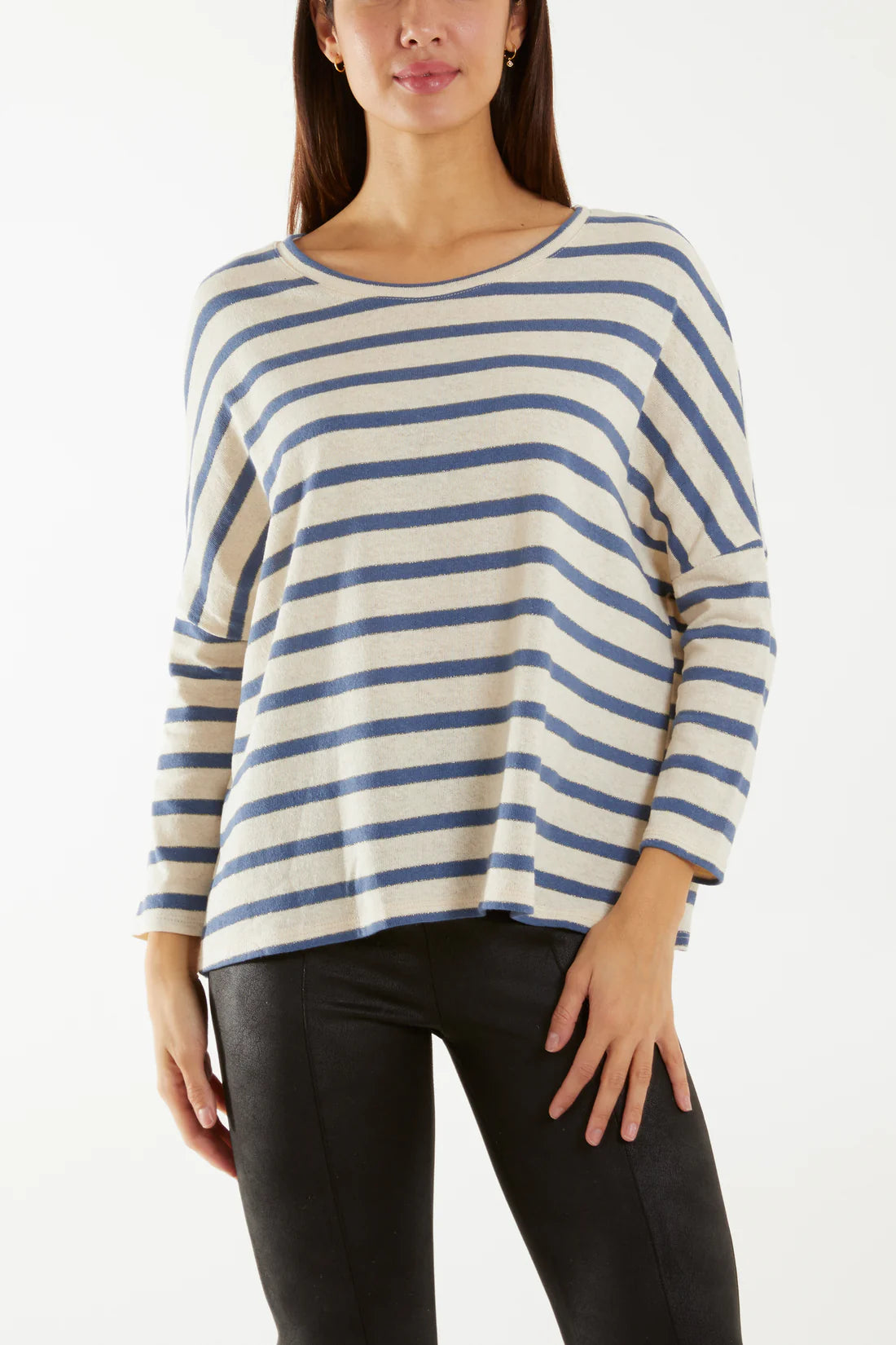 Fine Cotton Blend Striped Long Sleeve T-Shirt - Denim Blue 