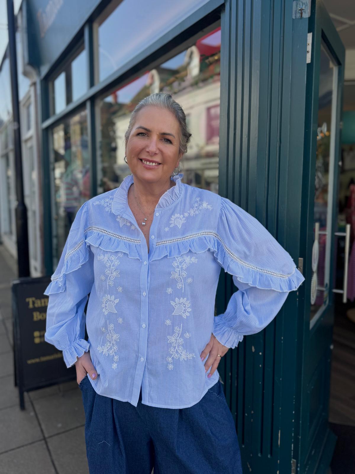 Iris Candy Stripe Frill & Embroidery Trim Blouse With Pie Crust Collar - Pink Or Blue