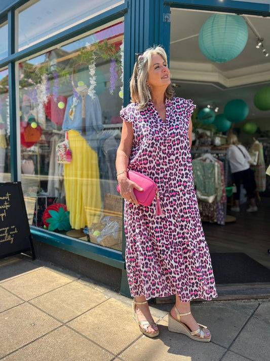Aimee Leopard Print Frill Sleeve Maxi Dress – 100% Cotton Cheesecloth