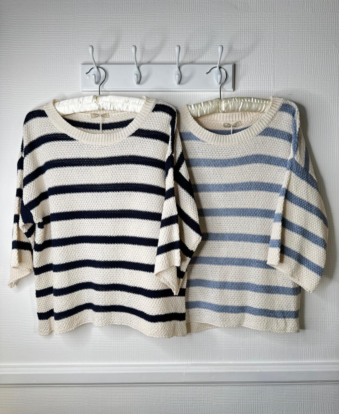 Cream & Navy Or Cream & Denim Stripe Cotton Blend Wide 3/4 Sleeve Jumper 