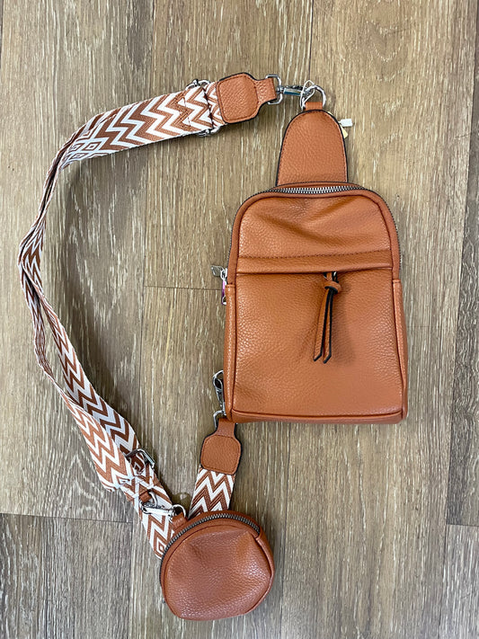 Small Sling Bag With Patterned Strap & Coin Purse - Tan