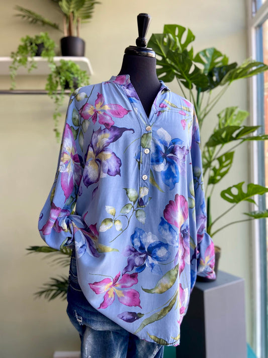 Freddie Collarless Shirt- Light Denim Floral