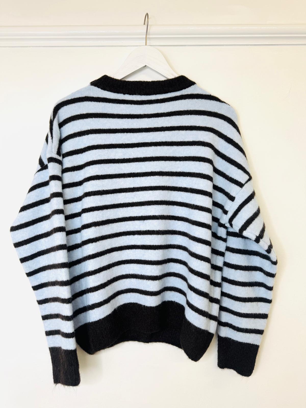 Victoria Powder Blue & Chocolate Brown Striped Jumper With Embellished Pony Appliqué