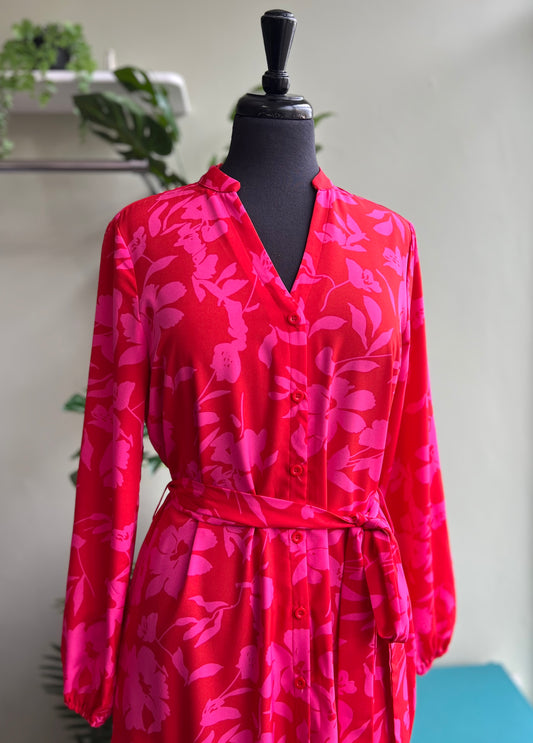 Roxie Red & Pink Floral Tiered Button Down Shirt Dress