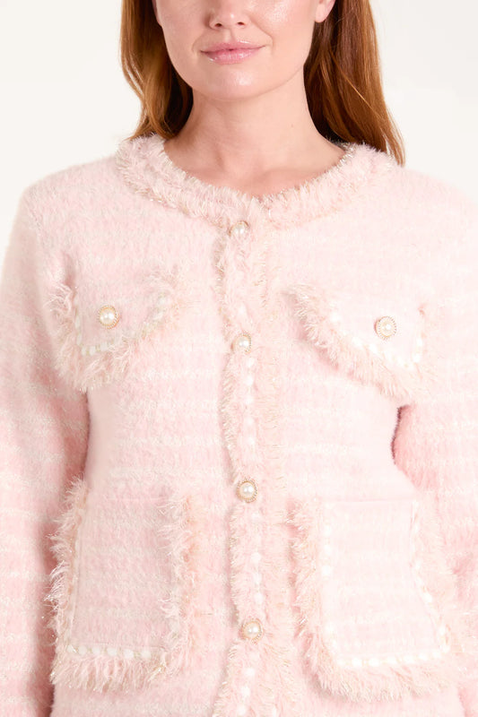 Coco Boucle Frayed Edge Pearl Button Trim Round Neck Knitted Jacket - Pastel Pink Or Cream