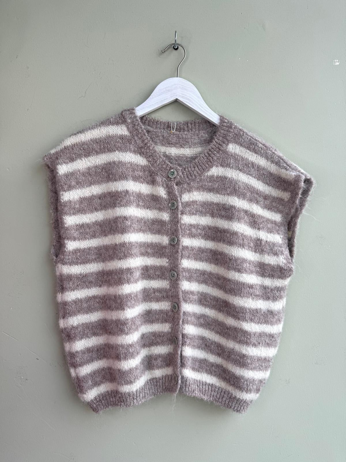 Geena Fluffy Knit Striped Waistcoat- Taupe & Cream