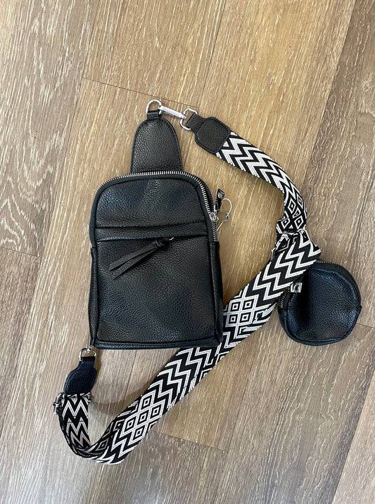 Small Sling Bag With Patterned Strap & Coin Purse - Black