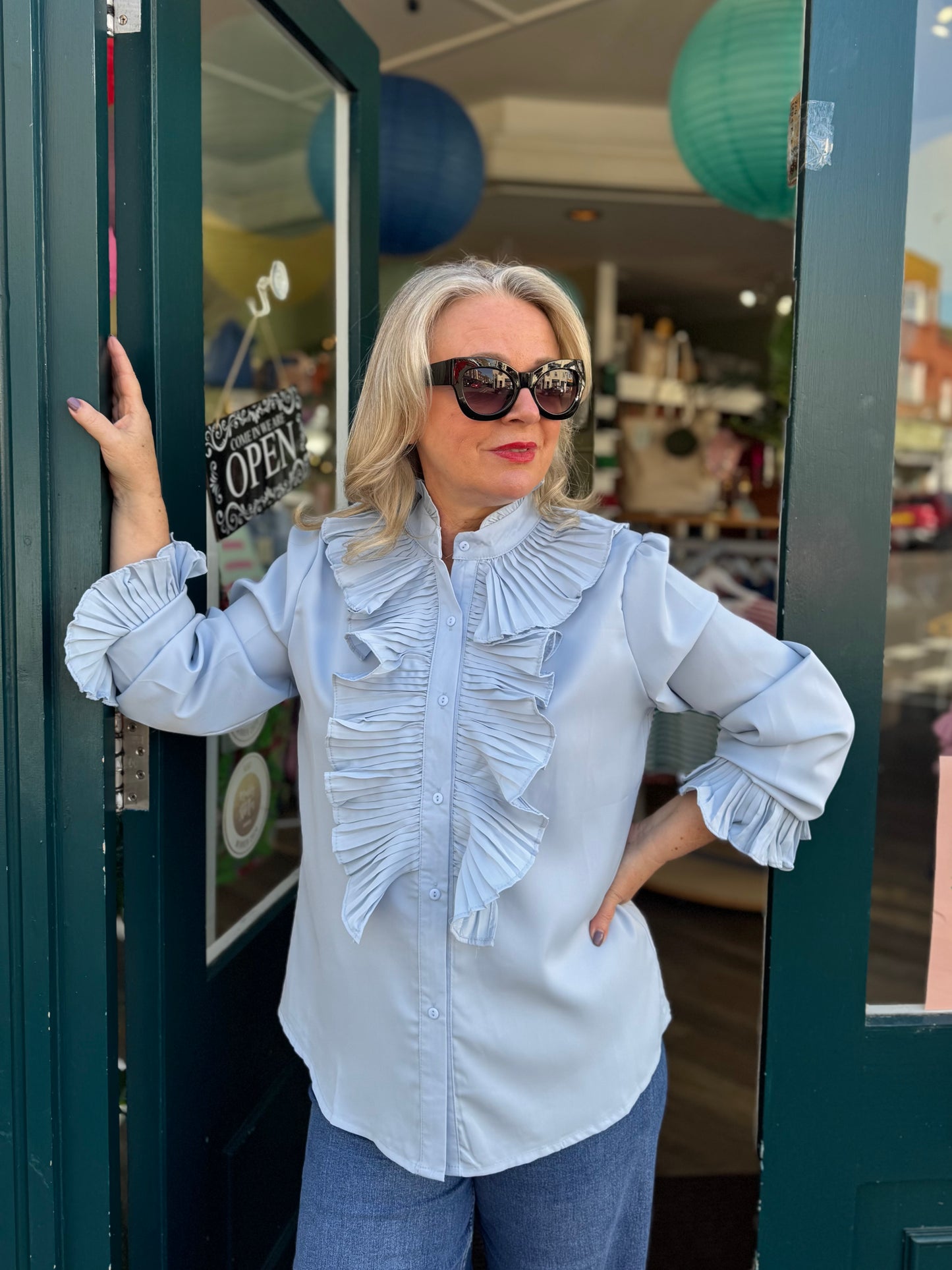 Lou-lou Pleated Frill Trim Ruffle Blouse - Powder Blue