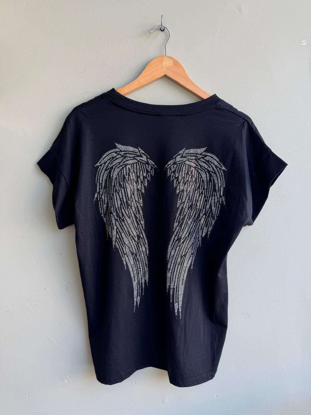 Angel Wings Diamanté Embellished T Shirt - Grey, Black Or White