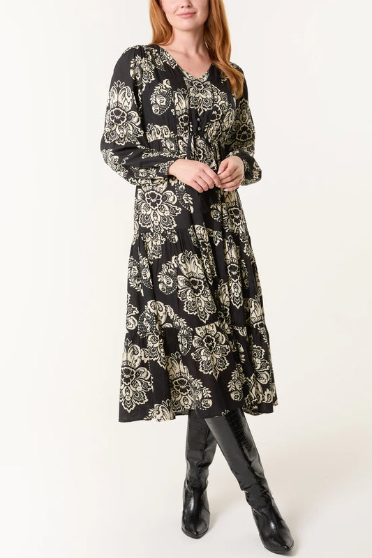Chloe Empire Line Long Sleeve Midi Dress - Black Or Burgundy Floral Print
