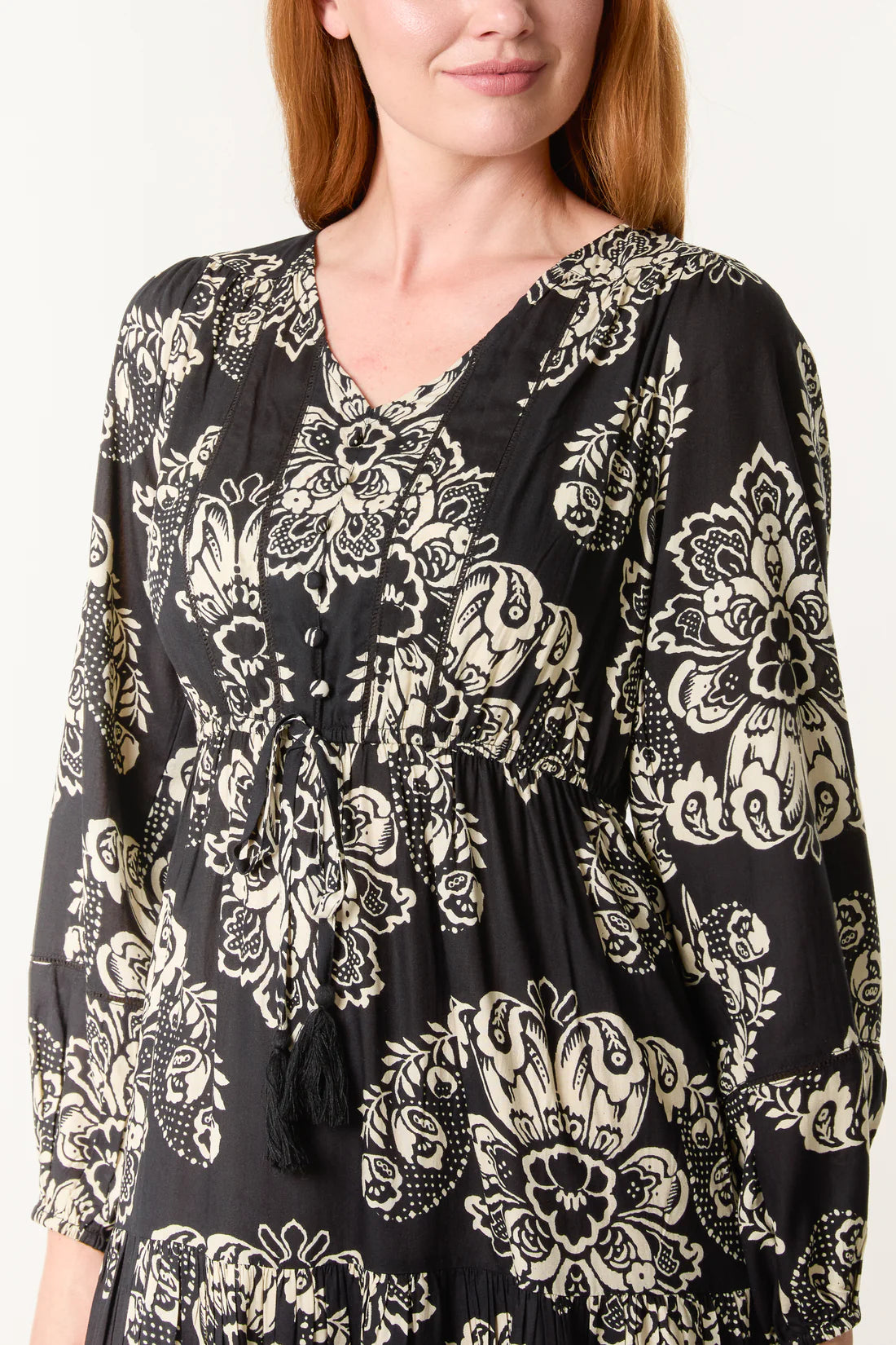 Chloe Empire Line Long Sleeve Midi Dress - Black Or Burgundy Floral Print