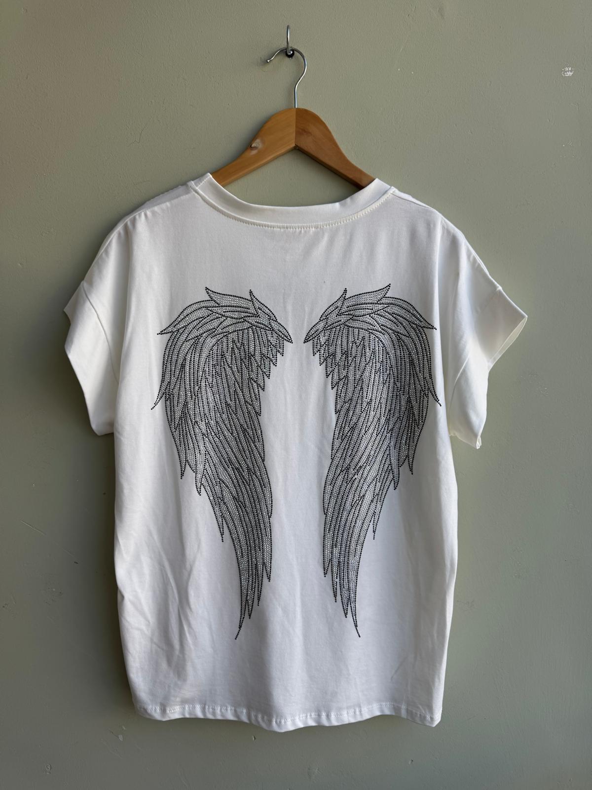 Angel Wings Diamanté Embellished T Shirt - Grey, Black Or White