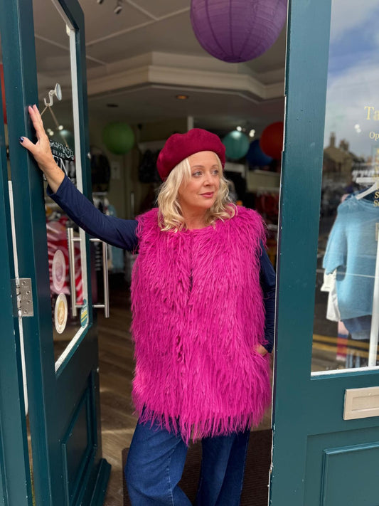 Shake A Tail Feather Shaggy Faux Fur Gilet - Magenta Winter White Or Duck Egg Blue