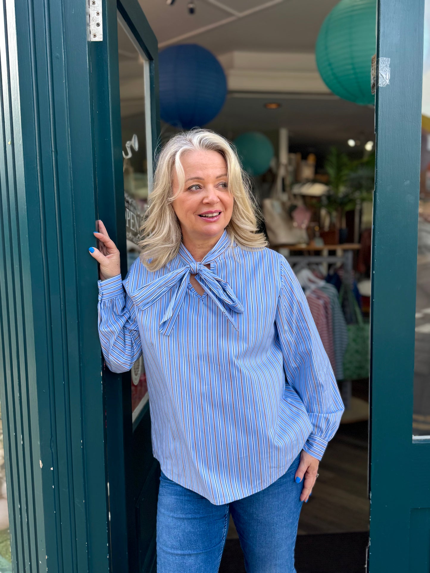 Willa Blue Striped Pussy Bow Blouse