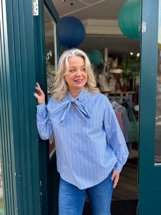 Willa Blue Striped Pussy Bow Blouse