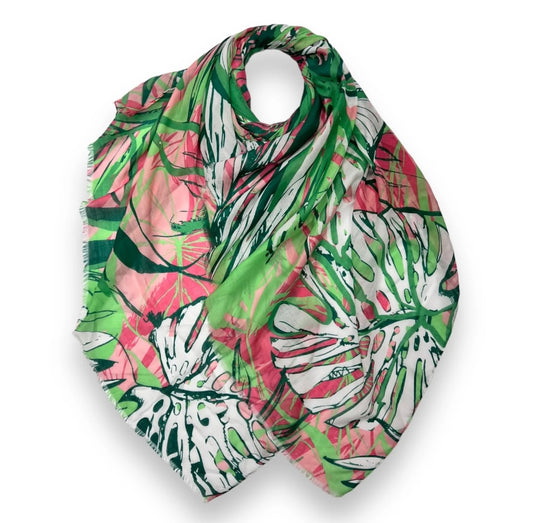 Tropical Palm Print Rectangular Cotton/Viscose Blend Scarf - Green & Coral