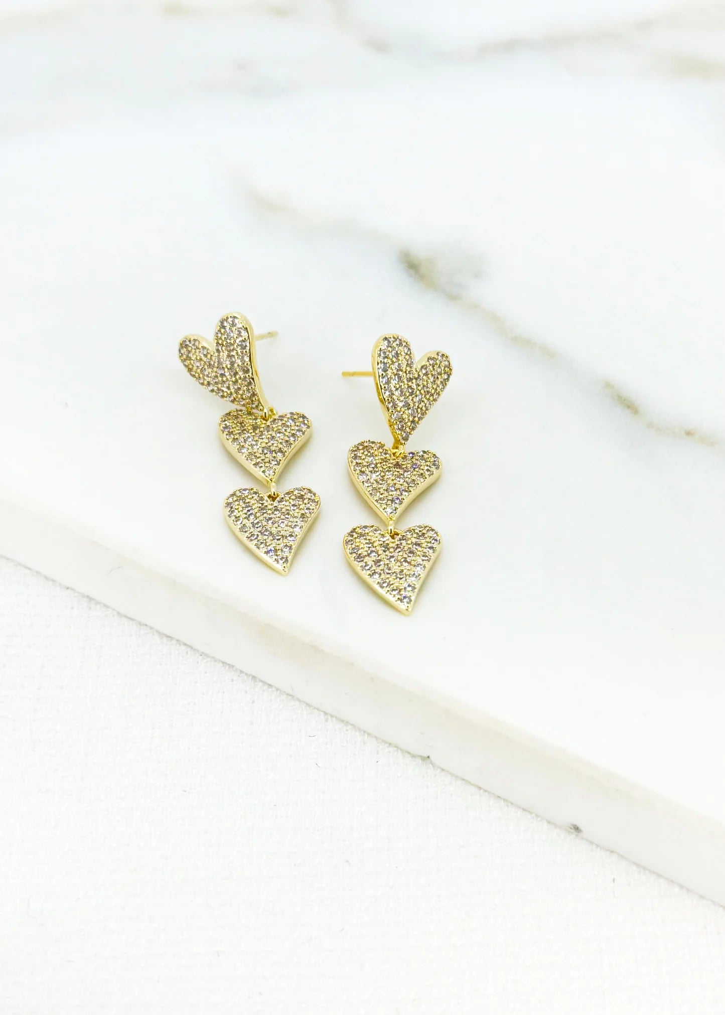 Envy Jewellery Triple Tier Organic Heart Shaped Diamanté Earrings- Gold Or Silver Tones