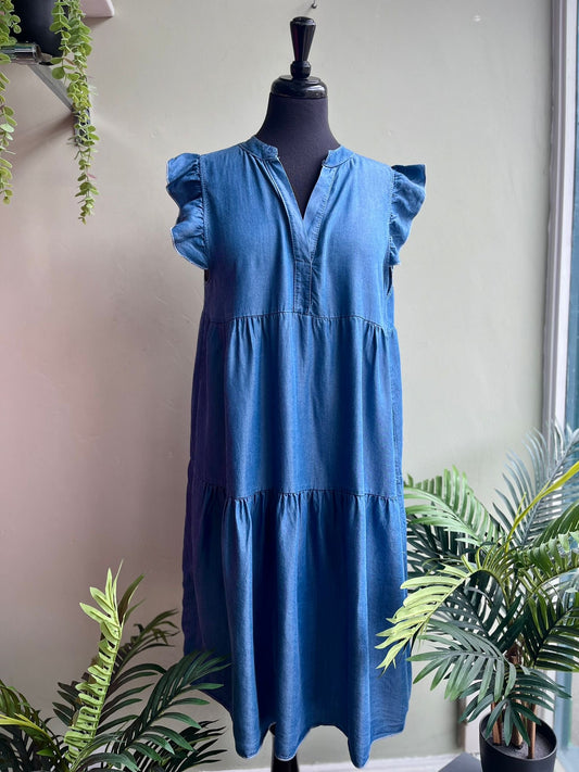 Ramona Tencel Denim Wash Short Tiered Dress With Frill Sleeves